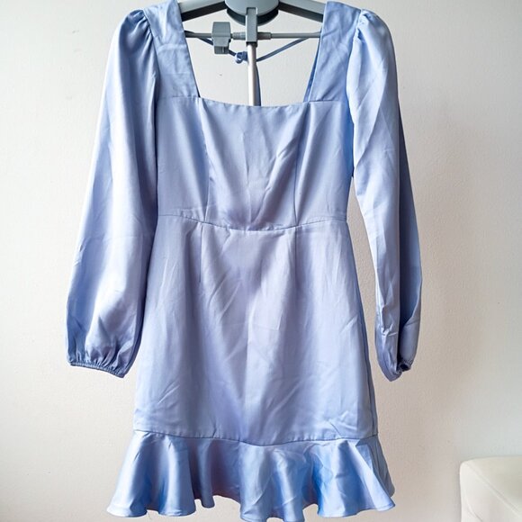 Forever 21 Light Blue Satin Mini Dress S | Long Sleeve Ruffle Hem - Picture 1 of 6